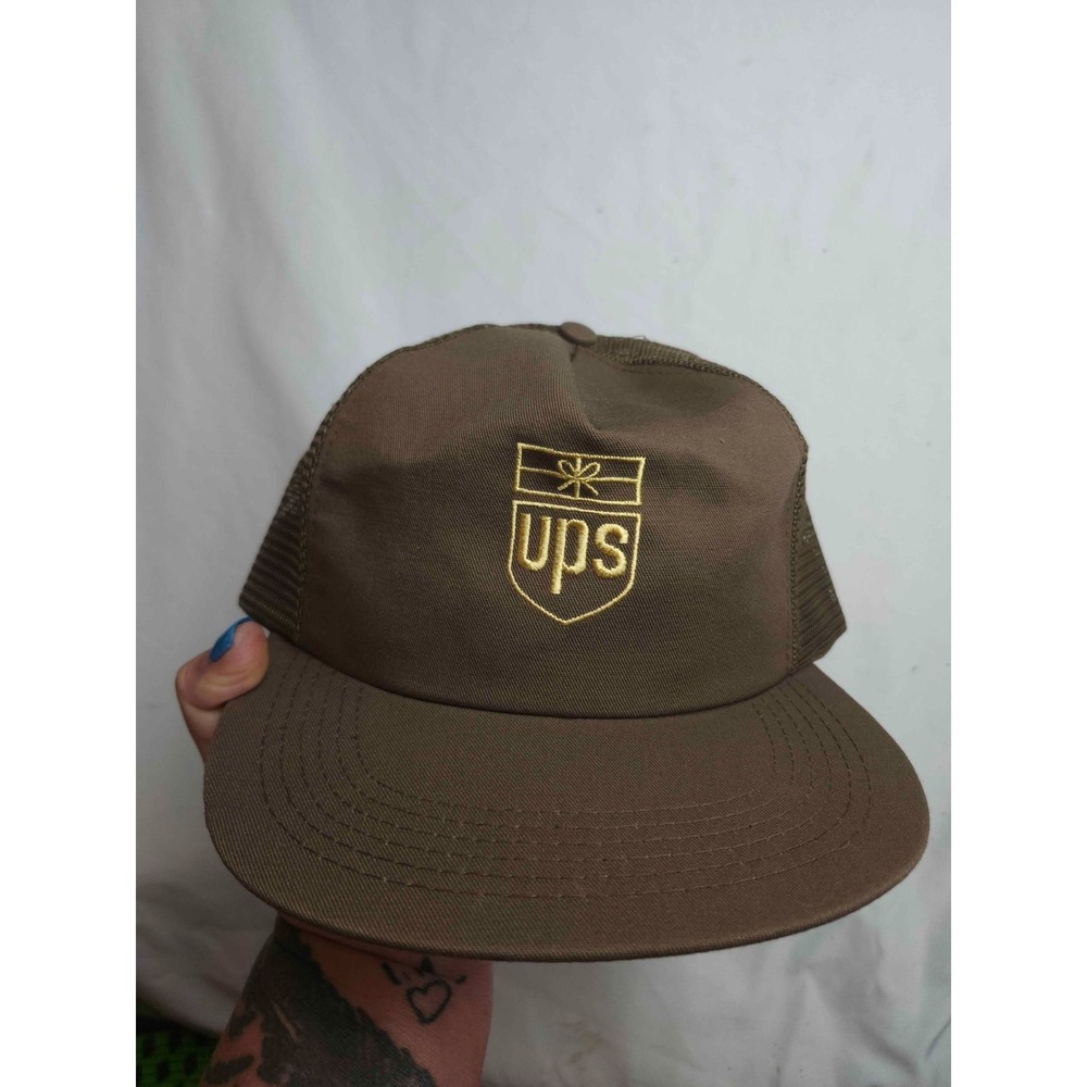 UPS Embroidered Logo Brown Canvas Mesh Back Trucker Hat Snapback Workwear Cap